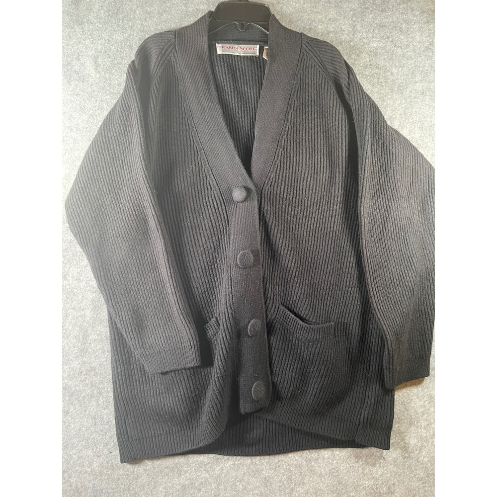 Karen Scott Black Ribbed Cardigan‎ Sweater Shawl Collar Button Front Pockets S